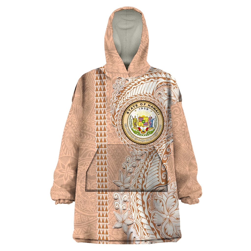 Hawaii Tropical Flowers with Kakau Tribal Wearable Blanket Hoodie Peach Fuzz Color LT03 One Size Peach Fuzz - Polynesian Pride