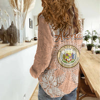 Hawaii Tropical Flowers with Kakau Tribal Women Casual Shirt Peach Fuzz Color LT03 - Polynesian Pride