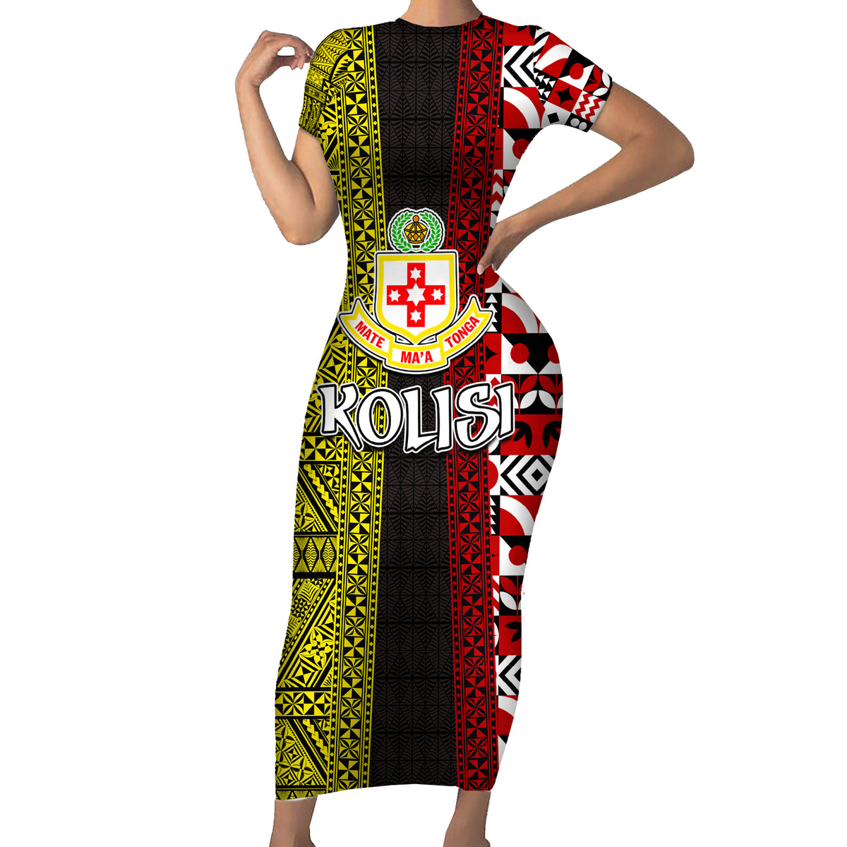 Tonga Kolisi Tonga Family Matching Short Sleeve Bodycon Dress and Hawaiian Shirt Ngatu and Geometric Pattern LT03 Mom's Dress Red - Polynesian Pride