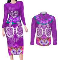 Polynesian Valentine Day Couples Matching Long Sleeve Bodycon Dress and Long Sleeve Button Shirt Love Couple Turtle Maori Hibiscus Purple LT03 Purple - Polynesian Pride