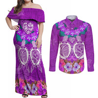 Polynesian Valentine Day Couples Matching Off Shoulder Maxi Dress and Long Sleeve Button Shirt Love Couple Turtle Maori Hibiscus Purple LT03 Purple - Polynesian Pride
