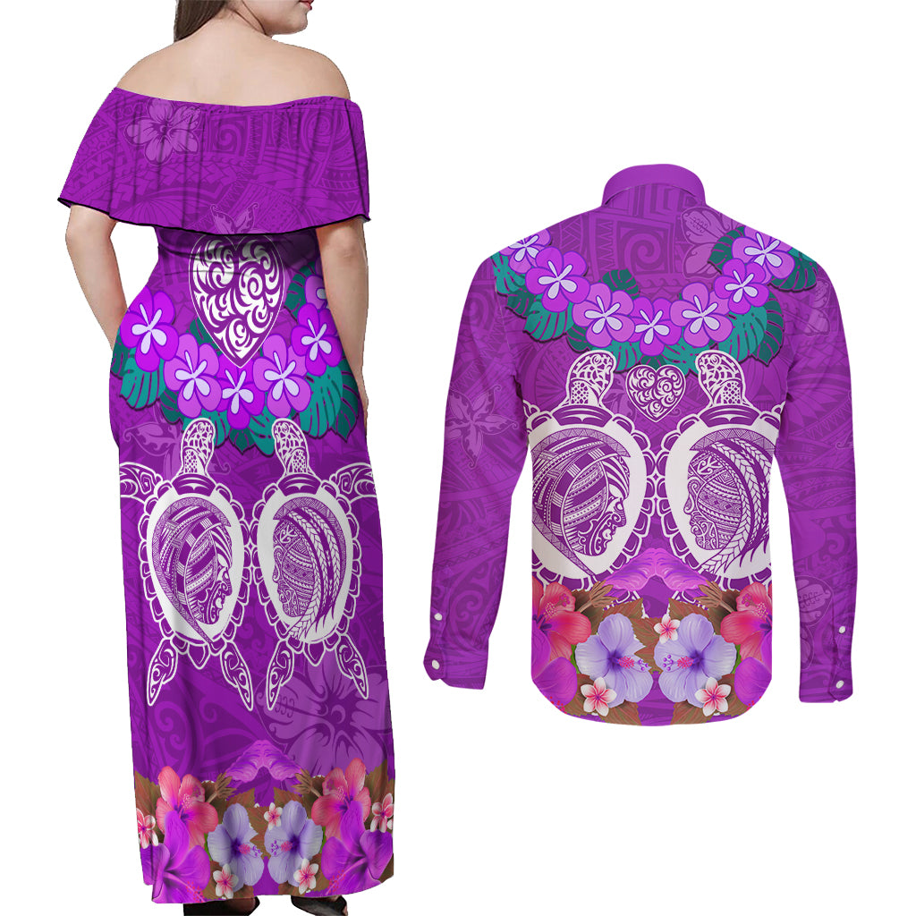Polynesian Valentine Day Couples Matching Off Shoulder Maxi Dress and Long Sleeve Button Shirt Love Couple Turtle Maori Hibiscus Purple LT03 - Polynesian Pride