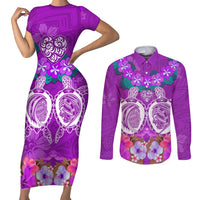 Polynesian Valentine Day Couples Matching Short Sleeve Bodycon Dress and Long Sleeve Button Shirt Love Couple Turtle Maori Hibiscus Purple LT03 Purple - Polynesian Pride