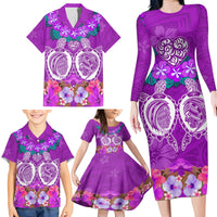 Polynesian Valentine Day Family Matching Long Sleeve Bodycon Dress and Hawaiian Shirt Love Couple Turtle Maori Hibiscus Purple LT03 - Polynesian Pride