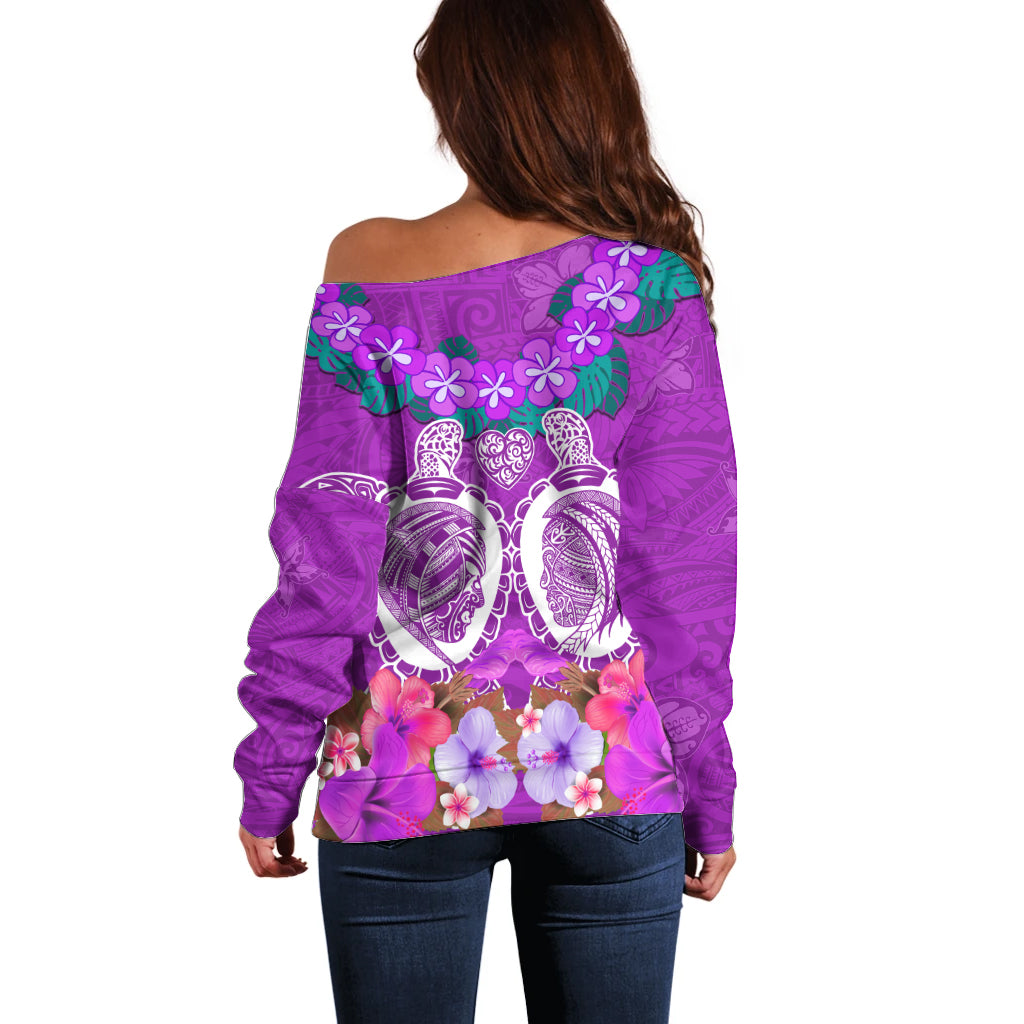 Polynesian Valentine Day Off Shoulder Sweater Love Couple Turtle Maori Hibiscus Purple LT03 - Polynesian Pride