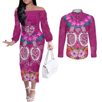 Polynesian Valentine Day Couples Matching Off The Shoulder Long Sleeve Dress and Long Sleeve Button Shirt Love Couple Turtle Maori Hibiscus Pink LT03 Pink - Polynesian Pride