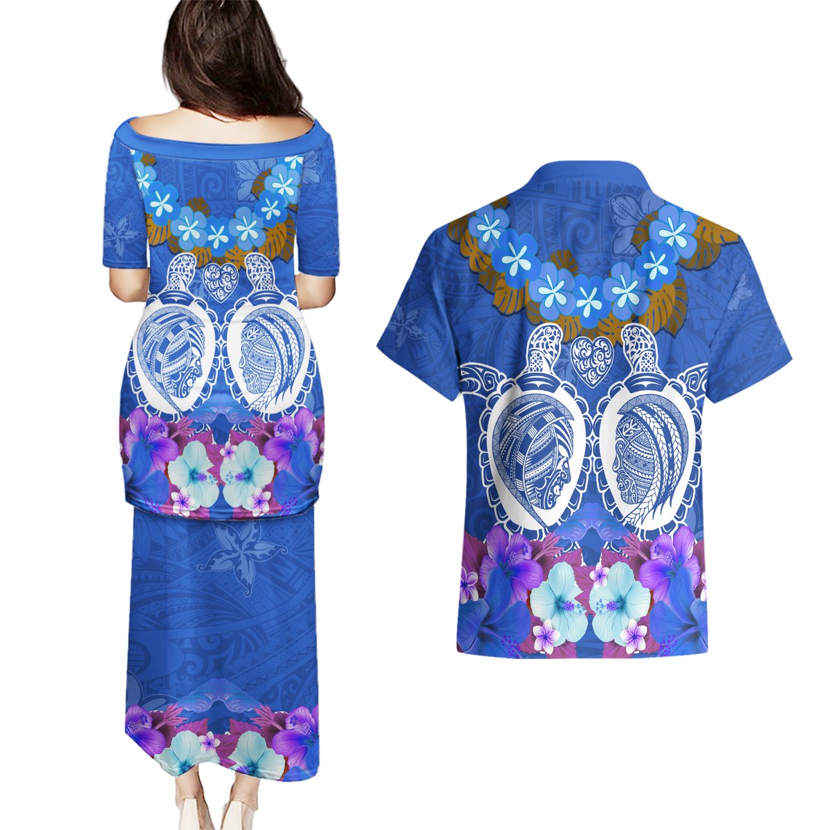 Polynesian Valentine Day Couples Matching Puletasi and Hawaiian Shirt Love Couple Turtle Maori Hibiscus Blue LT03 - Polynesian Pride