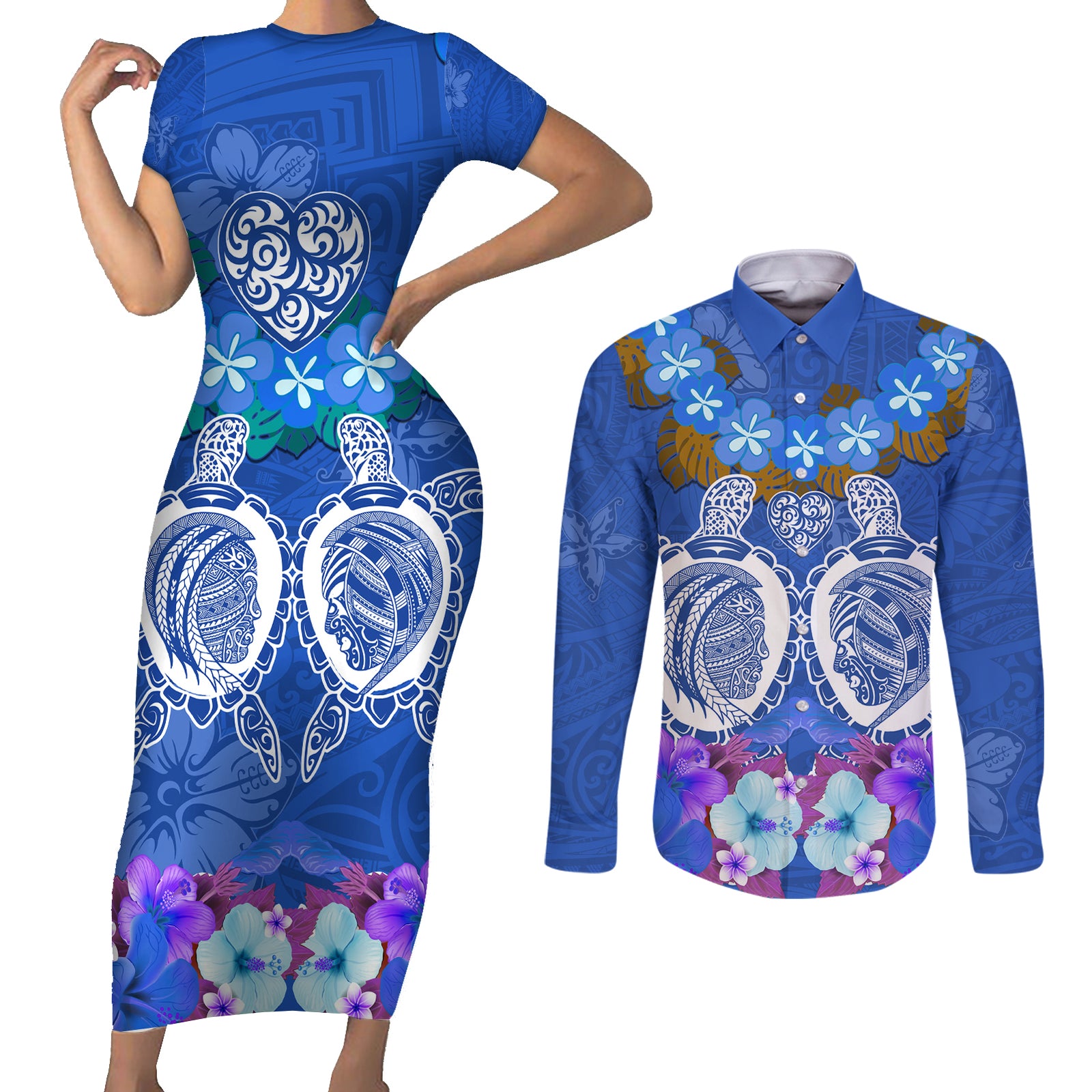 Polynesian Valentine Day Couples Matching Short Sleeve Bodycon Dress and Long Sleeve Button Shirt Love Couple Turtle Maori Hibiscus Blue LT03 Blue - Polynesian Pride