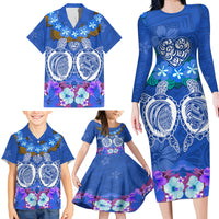 Polynesian Valentine Day Family Matching Long Sleeve Bodycon Dress and Hawaiian Shirt Love Couple Turtle Maori Hibiscus Blue LT03 - Polynesian Pride