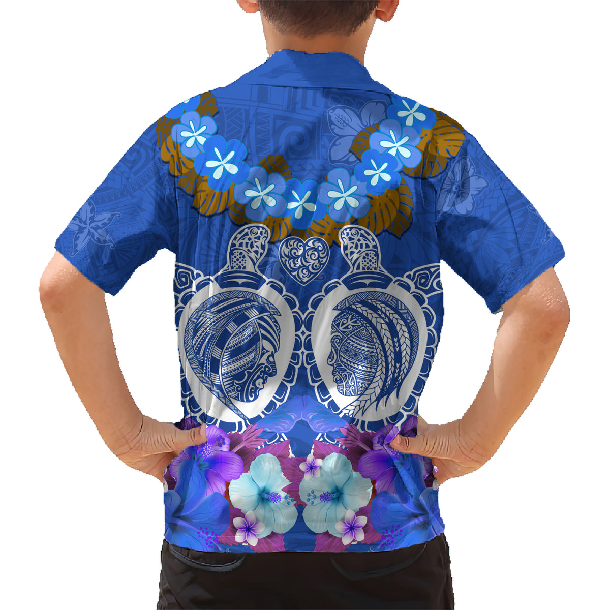 Polynesian Valentine Day Kid Hawaiian Shirt Love Couple Turtle Maori Hibiscus Blue LT03 - Polynesian Pride