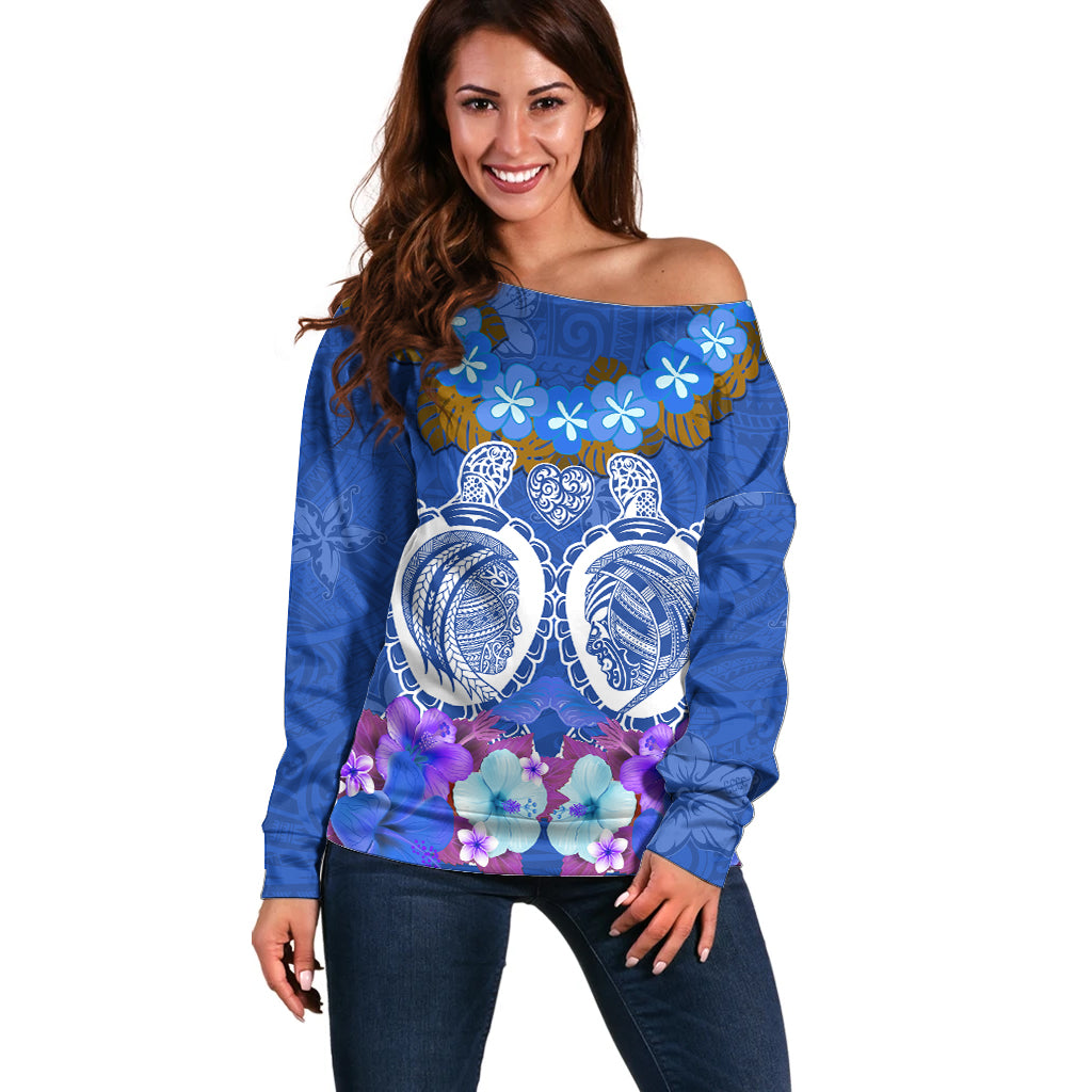 Polynesian Valentine Day Off Shoulder Sweater Love Couple Turtle Maori Hibiscus Blue LT03 Women Blue - Polynesian Pride