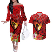 Hawaii Valentine Day Couples Matching Off The Shoulder Long Sleeve Dress and Hawaiian Shirt Couple on Beach mix Hibiscus and Polynesian Tattoo LT03 Red - Polynesian Pride