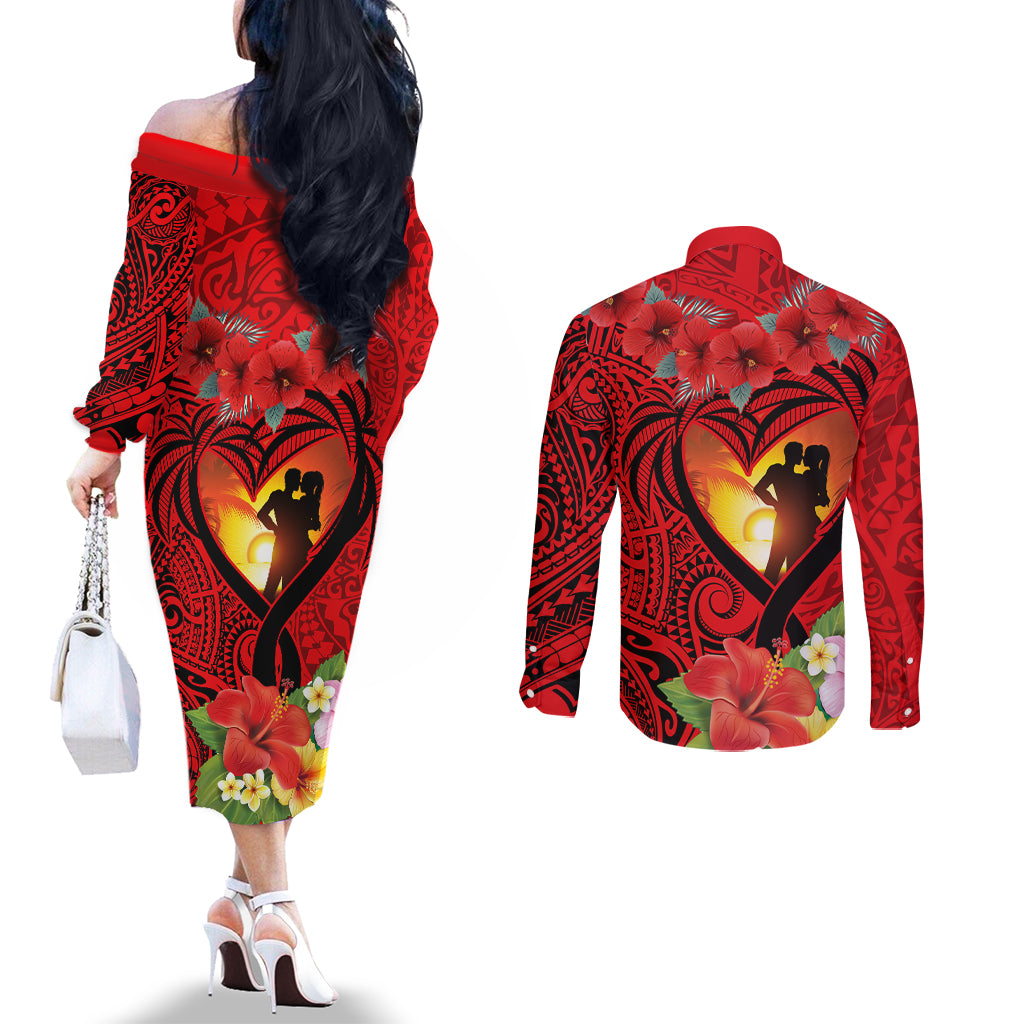 Hawaii Valentine Day Couples Matching Off The Shoulder Long Sleeve Dress and Long Sleeve Button Shirt Couple on Beach mix Hibiscus and Polynesian Tattoo LT03 - Polynesian Pride