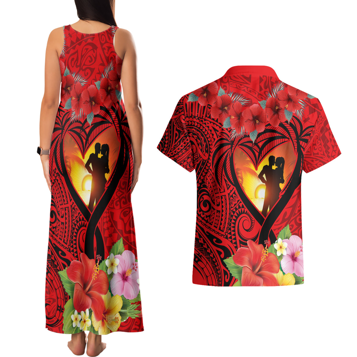 Hawaii Valentine Day Couples Matching Tank Maxi Dress and Hawaiian Shirt Couple on Beach mix Hibiscus and Polynesian Tattoo LT03 - Polynesian Pride