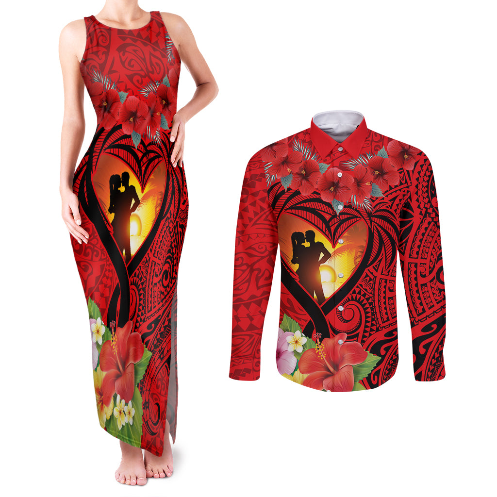 Hawaii Valentine Day Couples Matching Tank Maxi Dress and Long Sleeve Button Shirt Couple on Beach mix Hibiscus and Polynesian Tattoo LT03 Red - Polynesian Pride