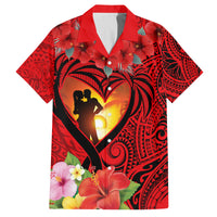 Hawaii Valentine Day Family Matching Puletasi and Hawaiian Shirt Couple on Beach mix Hibiscus and Polynesian Tattoo LT03 Dad's Shirt - Short Sleeve Red - Polynesian Pride