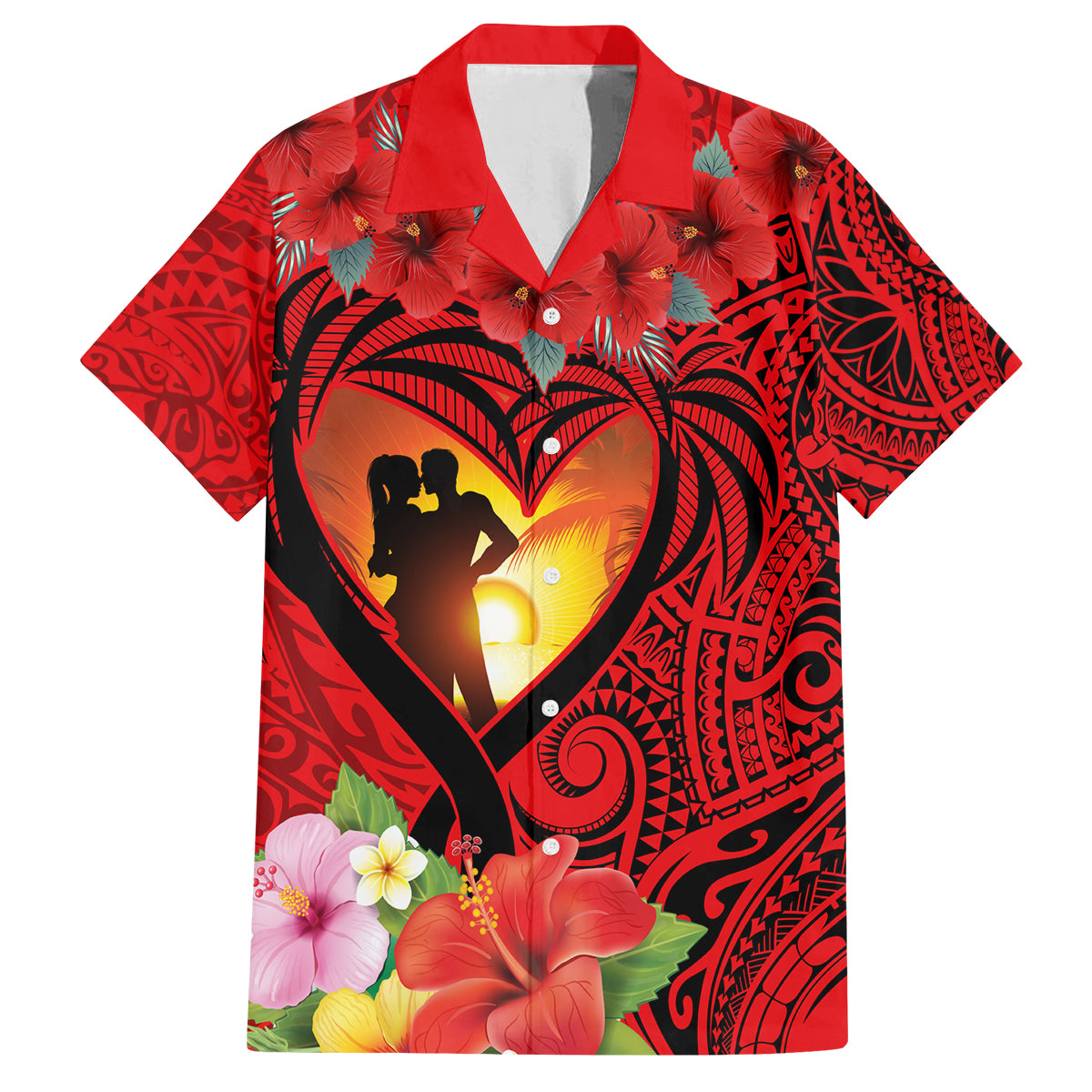 Hawaii Valentine Day Family Matching Tank Maxi Dress and Hawaiian Shirt Couple on Beach mix Hibiscus and Polynesian Tattoo LT03 Dad's Shirt - Short Sleeve Red - Polynesian Pride