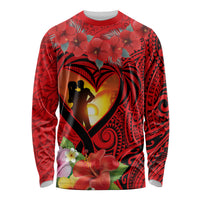 Hawaii Valentine Day Long Sleeve Shirt Couple on Beach mix Hibiscus and Polynesian Tattoo LT03 Unisex Red - Polynesian Pride