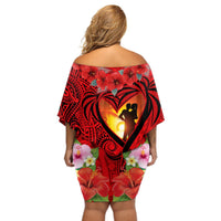 Hawaii Valentine Day Off Shoulder Short Dress Couple on Beach mix Hibiscus and Polynesian Tattoo LT03 - Polynesian Pride