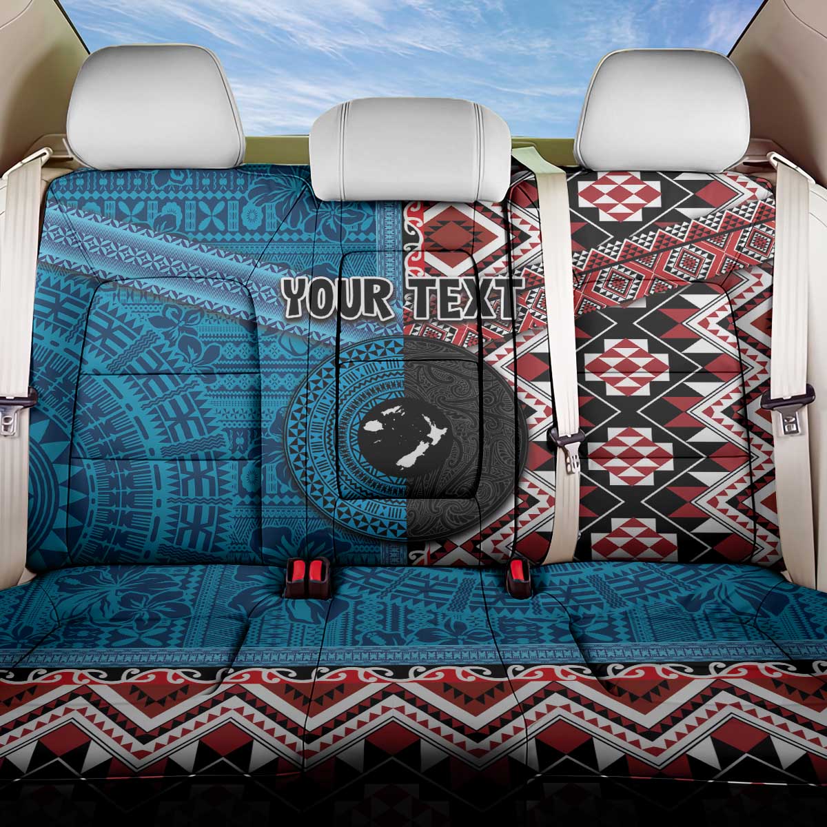Personalised Aotearoa and Fiji Together Back Car Seat Cover Melanesian Warrior and Koru - Taniko with Hibiscus Tapa Pattern LT03 One Size Blue - Polynesian Pride