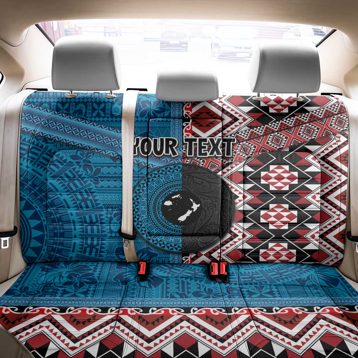 Personalised Aotearoa and Fiji Together Back Car Seat Cover Melanesian Warrior and Koru - Taniko with Hibiscus Tapa Pattern LT03 - Polynesian Pride