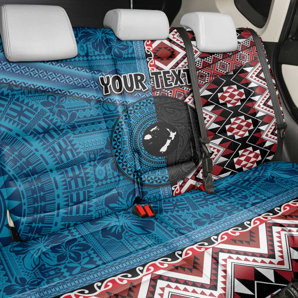 Personalised Aotearoa and Fiji Together Back Car Seat Cover Melanesian Warrior and Koru - Taniko with Hibiscus Tapa Pattern LT03 - Polynesian Pride