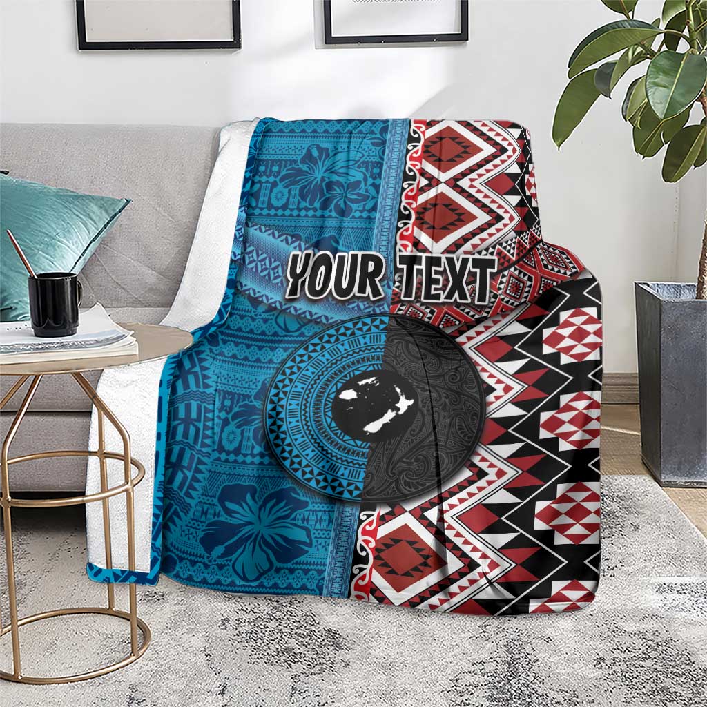 Personalised Aotearoa and Fiji Together Blanket Melanesian Warrior and Koru - Taniko with Hibiscus Tapa Pattern