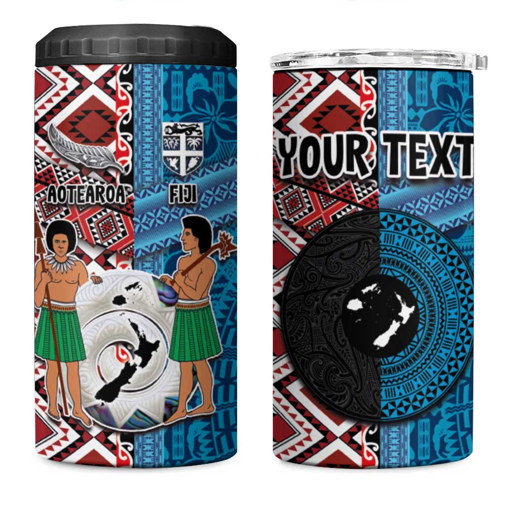 Personalised Aotearoa and Fiji Together 4 in 1 Can Cooler Tumbler Melanesian Warrior and Koru - Taniko with Hibiscus Tapa Pattern LT03 One Size: 16 oz Blue - Polynesian Pride