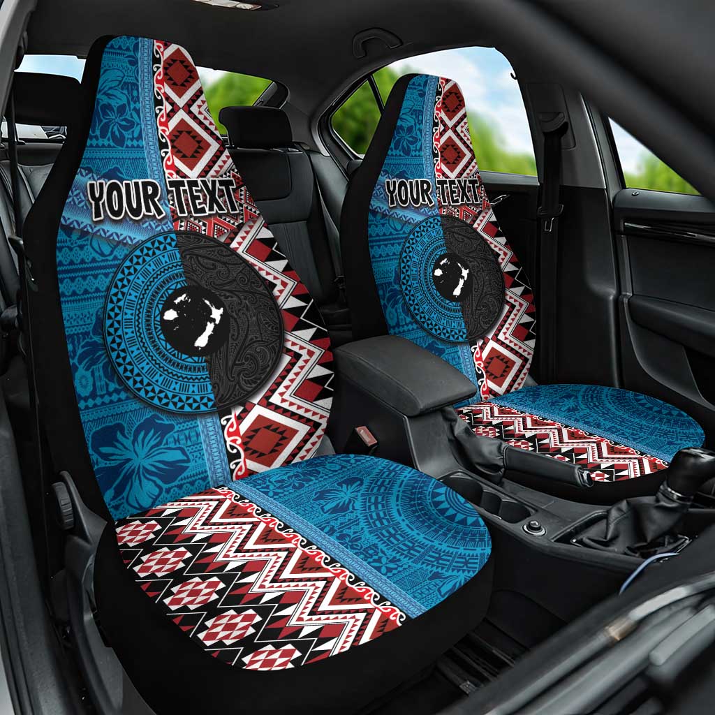 Personalised Aotearoa and Fiji Together Car Seat Cover Melanesian Warrior and Koru - Taniko with Hibiscus Tapa Pattern LT03 One Size Blue - Polynesian Pride