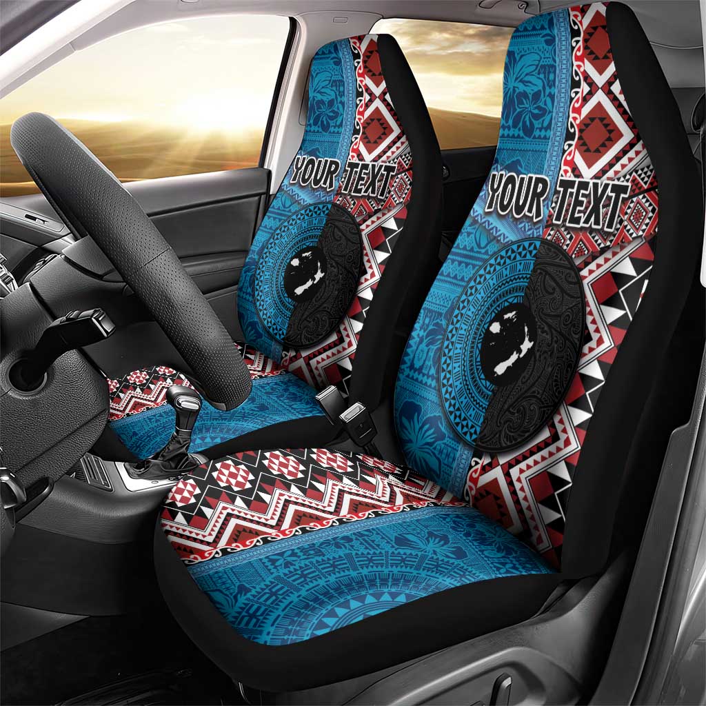 Personalised Aotearoa and Fiji Together Car Seat Cover Melanesian Warrior and Koru - Taniko with Hibiscus Tapa Pattern LT03 - Polynesian Pride