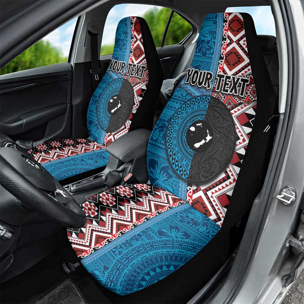 Personalised Aotearoa and Fiji Together Car Seat Cover Melanesian Warrior and Koru - Taniko with Hibiscus Tapa Pattern LT03 - Polynesian Pride