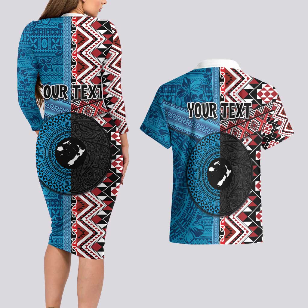 Personalised Aotearoa and Fiji Together Couples Matching Long Sleeve Bodycon Dress and Hawaiian Shirt Melanesian Warrior and Koru - Taniko with Hibiscus Tapa Pattern LT03 - Polynesian Pride