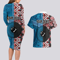 Personalised Aotearoa and Fiji Together Couples Matching Long Sleeve Bodycon Dress and Hawaiian Shirt Melanesian Warrior and Koru - Taniko with Hibiscus Tapa Pattern LT03 - Polynesian Pride