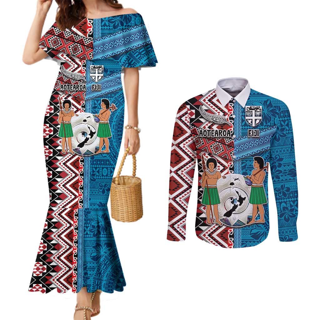 Personalised Aotearoa and Fiji Together Couples Matching Mermaid Dress and Long Sleeve Button Shirt Melanesian Warrior and Koru - Taniko with Hibiscus Tapa Pattern LT03 Blue - Polynesian Pride