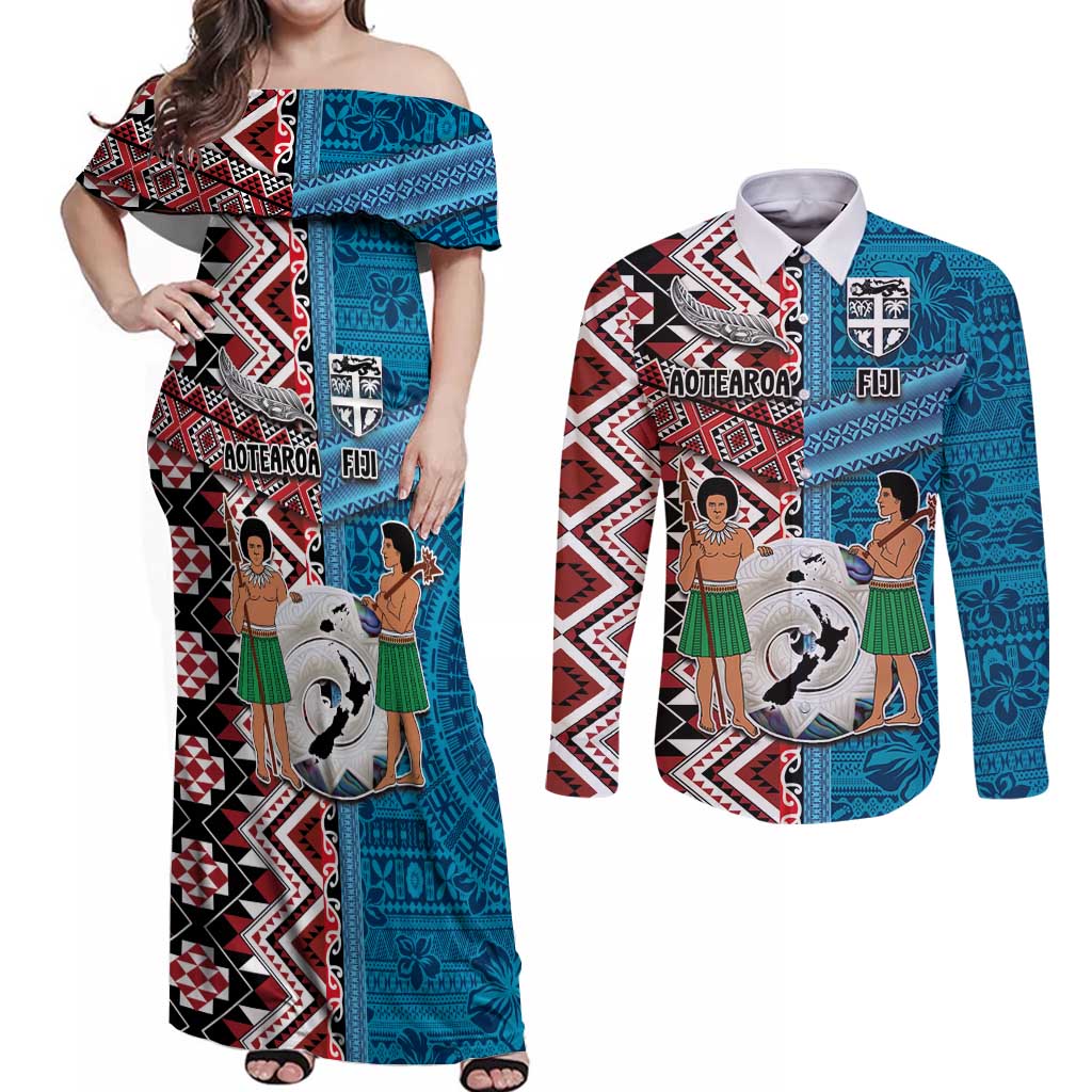 Personalised Aotearoa and Fiji Together Couples Matching Off Shoulder Maxi Dress and Long Sleeve Button Shirt Melanesian Warrior and Koru - Taniko with Hibiscus Tapa Pattern LT03 Blue - Polynesian Pride