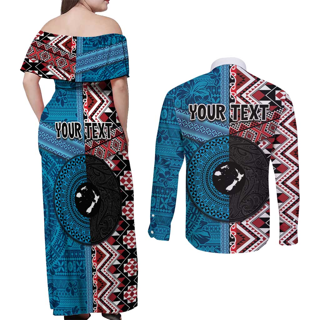 Personalised Aotearoa and Fiji Together Couples Matching Off Shoulder Maxi Dress and Long Sleeve Button Shirt Melanesian Warrior and Koru - Taniko with Hibiscus Tapa Pattern LT03 - Polynesian Pride