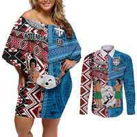 Personalised Aotearoa and Fiji Together Couples Matching Off Shoulder Short Dress and Long Sleeve Button Shirt Melanesian Warrior and Koru - Taniko with Hibiscus Tapa Pattern LT03 Blue - Polynesian Pride