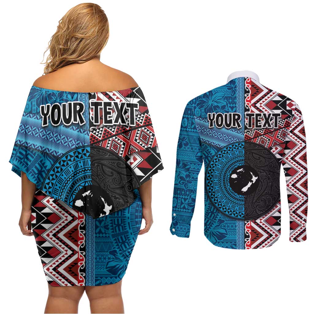 Personalised Aotearoa and Fiji Together Couples Matching Off Shoulder Short Dress and Long Sleeve Button Shirt Melanesian Warrior and Koru - Taniko with Hibiscus Tapa Pattern LT03 - Polynesian Pride