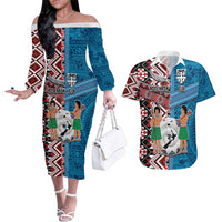 Personalised Aotearoa and Fiji Together Couples Matching Off The Shoulder Long Sleeve Dress and Hawaiian Shirt Melanesian Warrior and Koru - Taniko with Hibiscus Tapa Pattern LT03 Blue - Polynesian Pride
