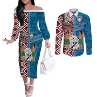 Personalised Aotearoa and Fiji Together Couples Matching Off The Shoulder Long Sleeve Dress and Long Sleeve Button Shirt Melanesian Warrior and Koru - Taniko with Hibiscus Tapa Pattern LT03 Blue - Polynesian Pride