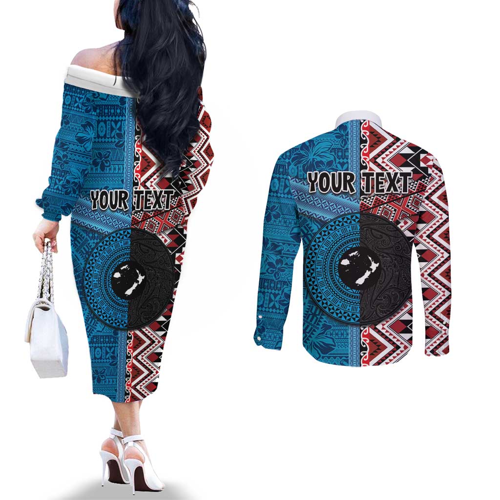 Personalised Aotearoa and Fiji Together Couples Matching Off The Shoulder Long Sleeve Dress and Long Sleeve Button Shirt Melanesian Warrior and Koru - Taniko with Hibiscus Tapa Pattern LT03 - Polynesian Pride
