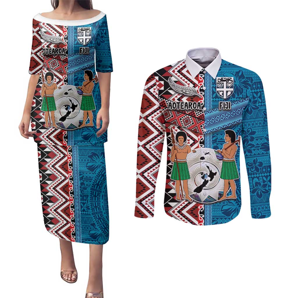 Personalised Aotearoa and Fiji Together Couples Matching Puletasi and Long Sleeve Button Shirt Melanesian Warrior and Koru - Taniko with Hibiscus Tapa Pattern LT03 Blue - Polynesian Pride