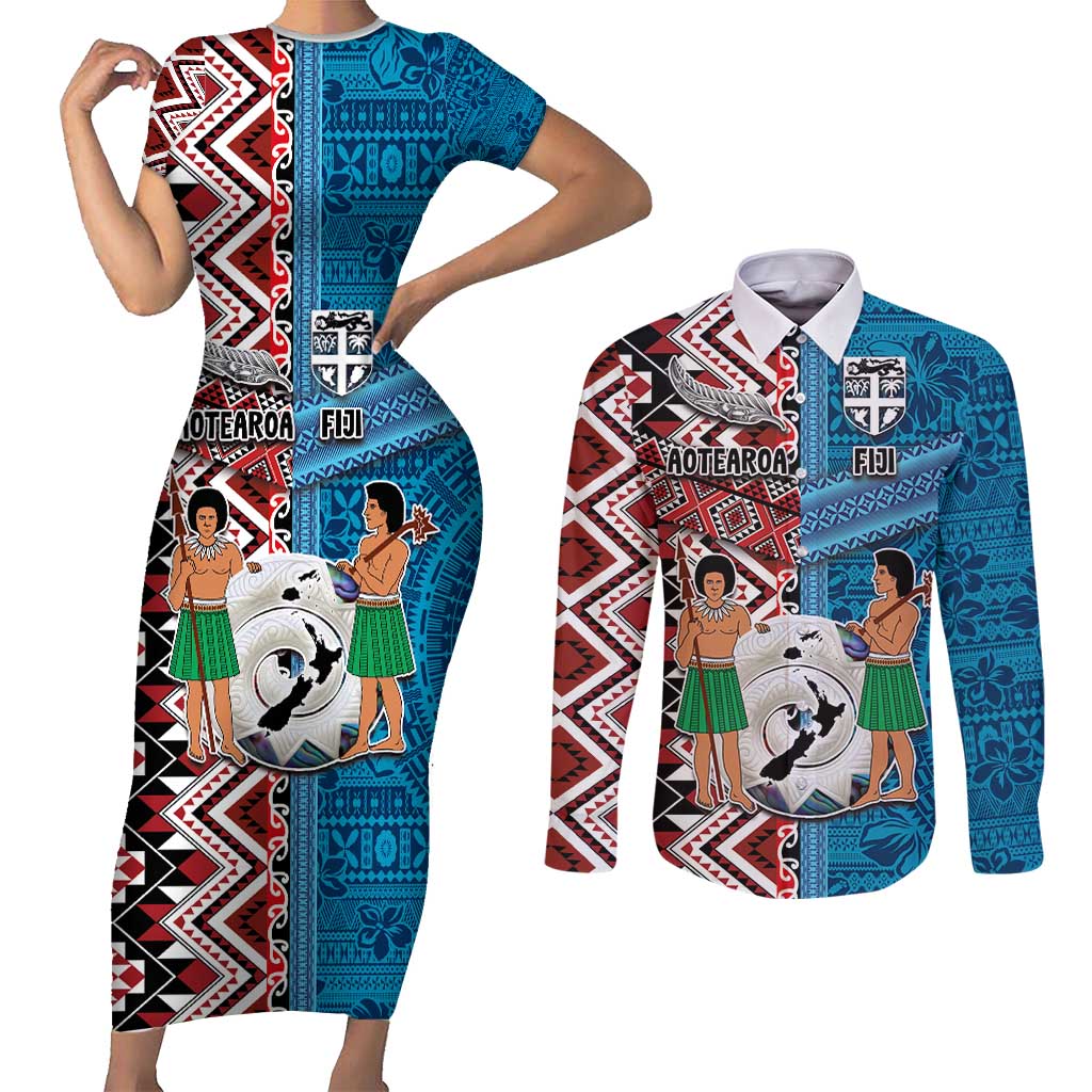 Personalised Aotearoa and Fiji Together Couples Matching Short Sleeve Bodycon Dress and Long Sleeve Button Shirt Melanesian Warrior and Koru - Taniko with Hibiscus Tapa Pattern LT03 Blue - Polynesian Pride