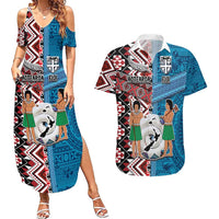 Personalised Aotearoa and Fiji Together Couples Matching Summer Maxi Dress and Hawaiian Shirt Melanesian Warrior and Koru - Taniko with Hibiscus Tapa Pattern LT03 Blue - Polynesian Pride