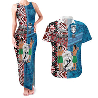 Personalised Aotearoa and Fiji Together Couples Matching Tank Maxi Dress and Hawaiian Shirt Melanesian Warrior and Koru - Taniko with Hibiscus Tapa Pattern LT03 Blue - Polynesian Pride