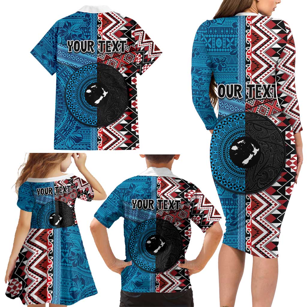 Personalised Aotearoa and Fiji Together Family Matching Long Sleeve Bodycon Dress and Hawaiian Shirt Melanesian Warrior and Koru - Taniko with Hibiscus Tapa Pattern LT03 - Polynesian Pride