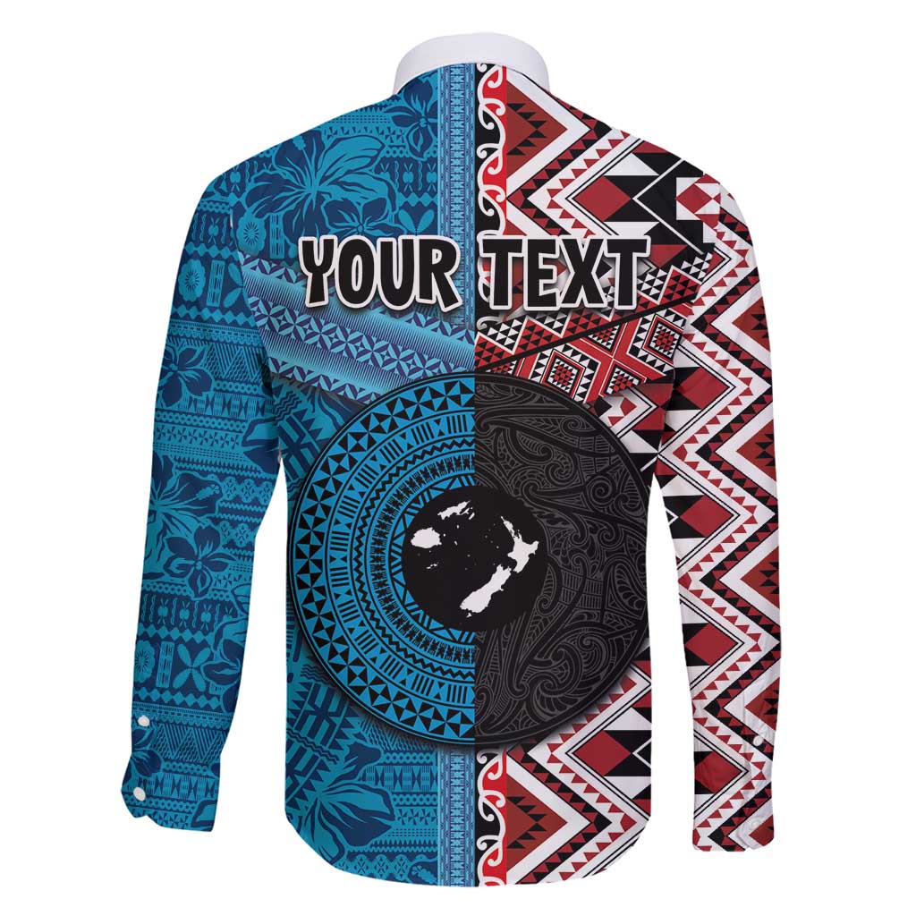 Personalised Aotearoa and Fiji Together Family Matching Long Sleeve Bodycon Dress and Hawaiian Shirt Melanesian Warrior and Koru - Taniko with Hibiscus Tapa Pattern LT03 - Polynesian Pride