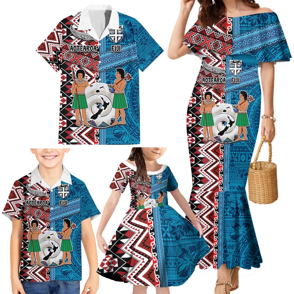 Personalised Aotearoa and Fiji Together Family Matching Mermaid Dress and Hawaiian Shirt Melanesian Warrior and Koru - Taniko with Hibiscus Tapa Pattern LT03 - Polynesian Pride