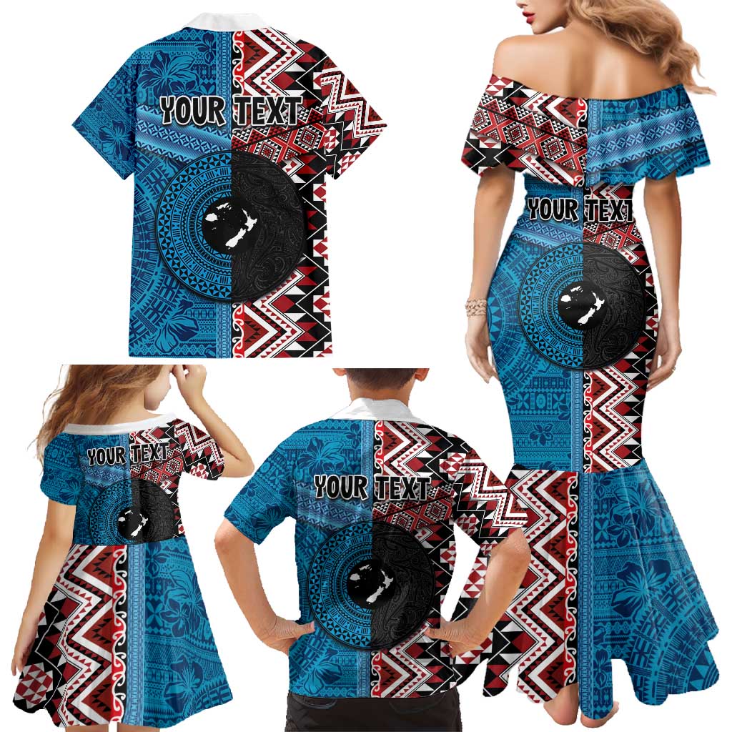 Personalised Aotearoa and Fiji Together Family Matching Mermaid Dress and Hawaiian Shirt Melanesian Warrior and Koru - Taniko with Hibiscus Tapa Pattern LT03 - Polynesian Pride