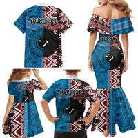 Personalised Aotearoa and Fiji Together Family Matching Mermaid Dress and Hawaiian Shirt Melanesian Warrior and Koru - Taniko with Hibiscus Tapa Pattern LT03 - Polynesian Pride